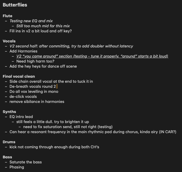 Apple Note for a mix with nested bullets under channel headings as a homemade versioning list