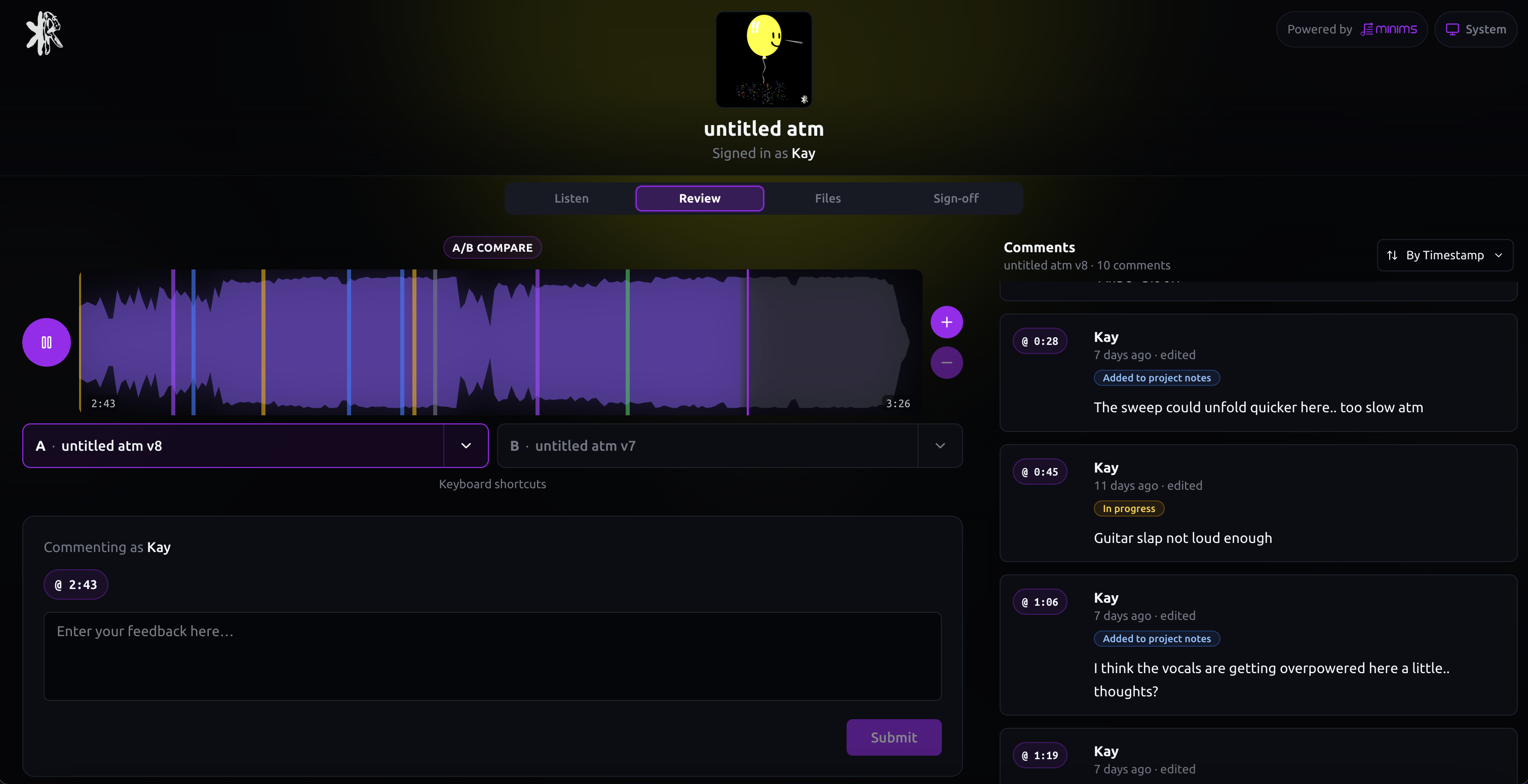 Minims client portal review tab: high-fidelity playback, A/B compare, and timestamped comments on the waveform