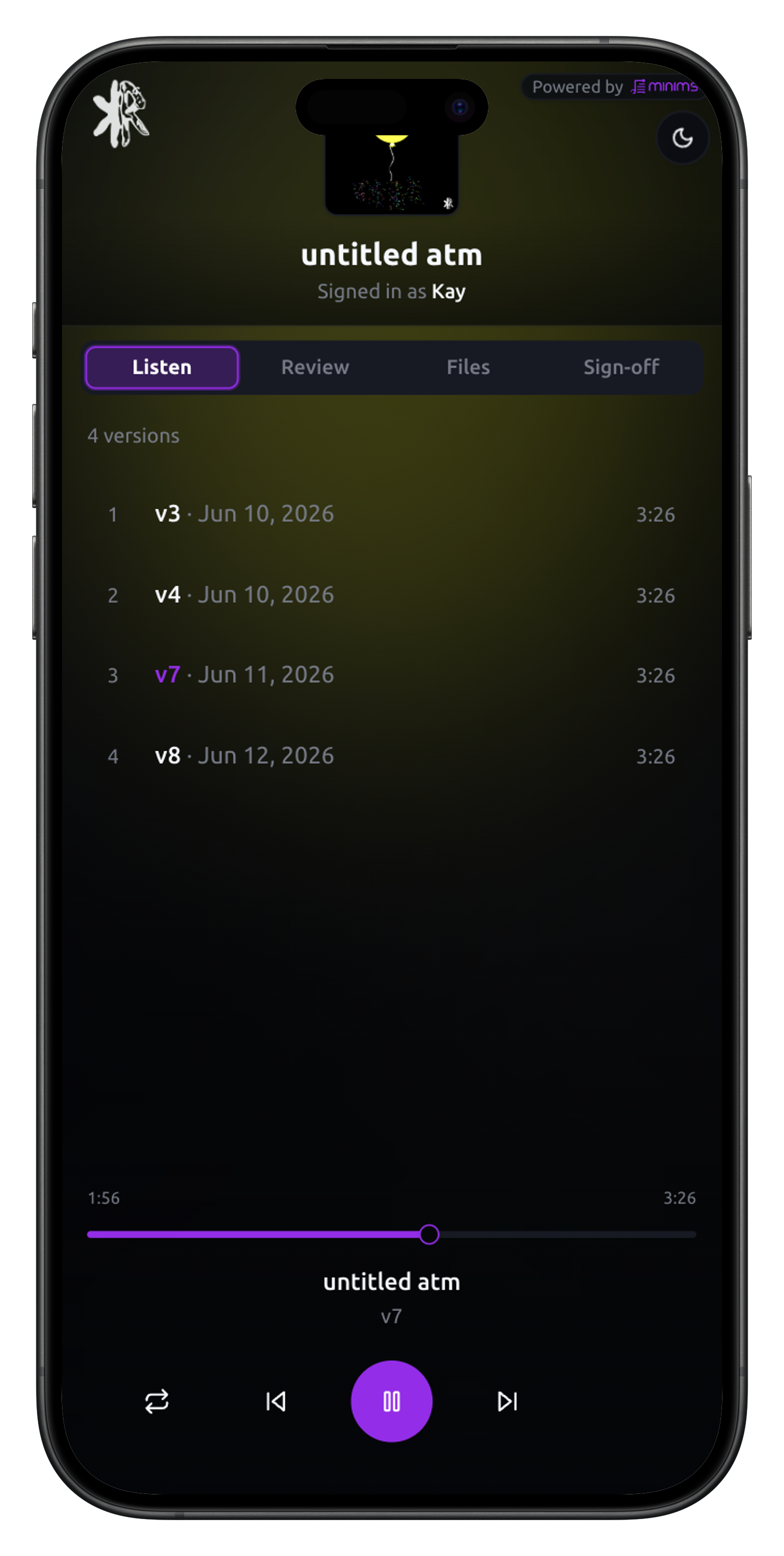 Minims mobile client portal listen tab: waveform playback, mix versions, and timestamped comments