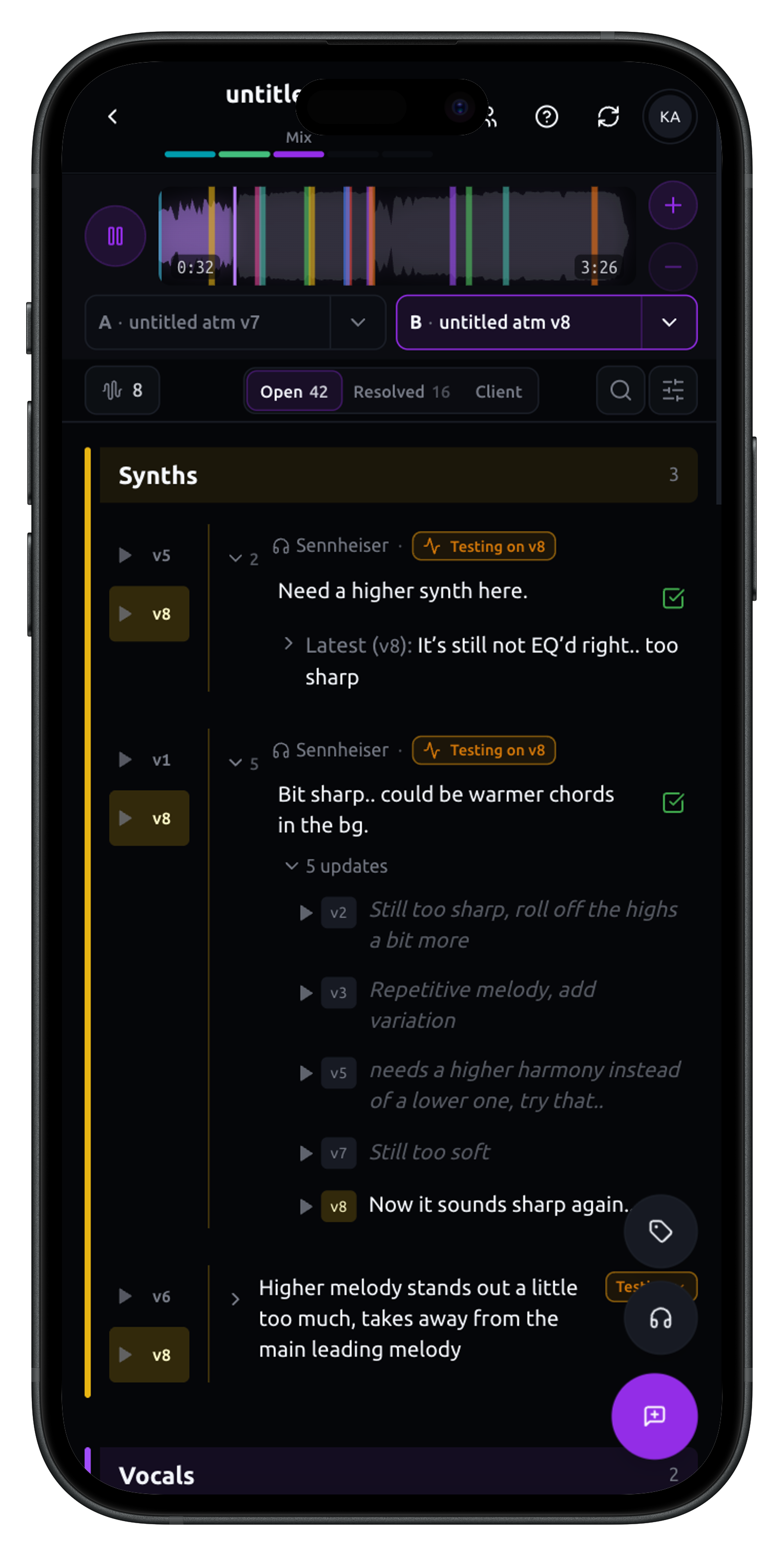 Minims mobile app: issue stacks with channel notes, mix version context, and A/B playback